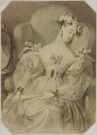 Woman in Evening Dress Asleep in Armchair, c. 1840. Attributed to Alfred Edward Chalon.