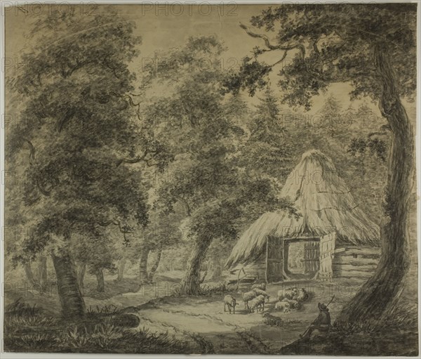 Thatched Hut in Woods with Shepherd and Sheep, n.d. Attributed to Anthonie Waterloo.