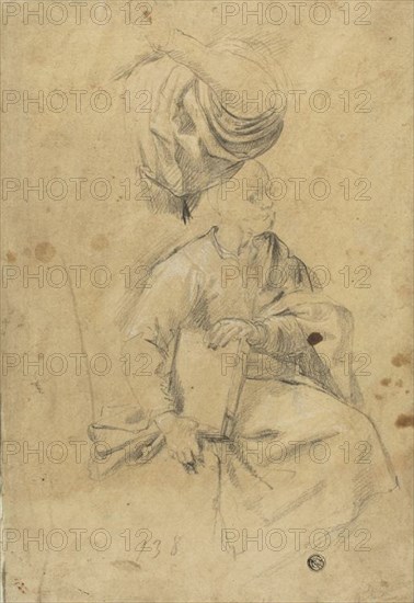 Two Sketches: Seated Man Holding Book, Draped Right Arm, n.d. Creator: Carlo Maratti.
