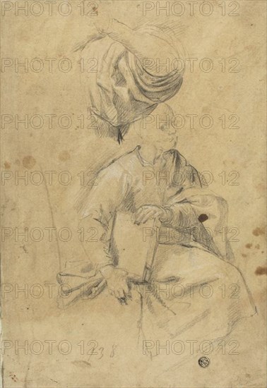Two Sketches: Seated Man Holding Book, Draped Right Arm, n.d. Creator: Carlo Maratti.
