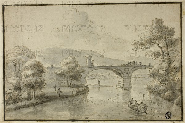 River with Arched Bridge and Boat, n.d. Attributed to Herman van Swanevelt.