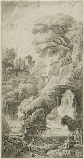 Figures in a Rocky Landscape with Waterfall, n.d. Attributed to Johann Samuel Bach.