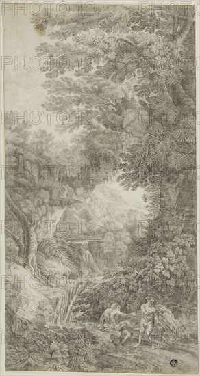 Forest Scene with Waterfall and Two Figures, n.d. Attributed to Johann Samuel Bach.