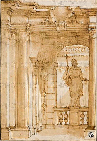 Corner of a Loggia with Female Statue, n.d. Attributed to Pietro Righini.