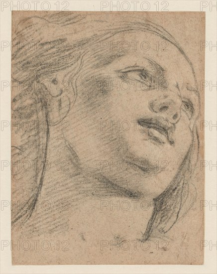 Female Head Study Looking Up to Right (recto); Study of Two Figures Supporting an..., 1630/70. Creator: Unknown.