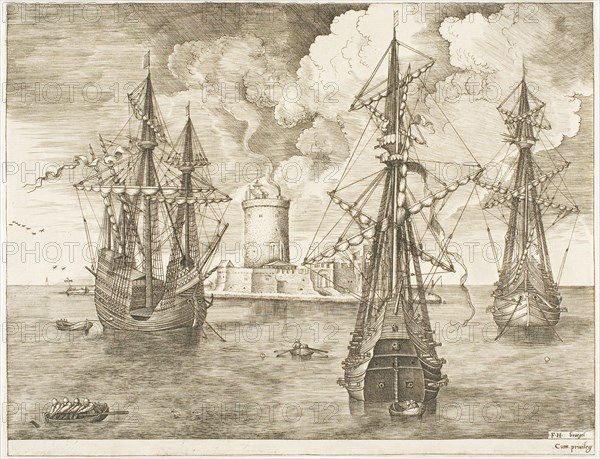 Four-Master and Two Three-Masters Anchored near a Fortified Island with a Lighthouse...pub. 1665. Creator: Frans Huys.