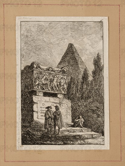 Plate Six from Evenings in Rome, 1763/64. Roman sarcophagus and pyramid.