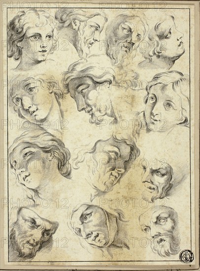 13 Sketches of Various Faces, n.d. Possibly after Abraham Bloemaert.