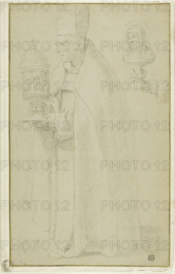 A Bishop Carrying a Reliquary with a Skull and Study of Two Hands Holding a Reliquary of a..., n.d. Creator: Unknown.