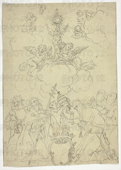 Untitled, n.d. Kneeling figures, putti with papal tiara.