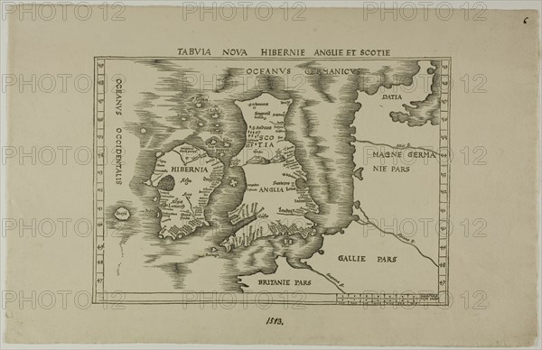 Tabuia Nova Hibernie Anglie et Scotie, 1513, reprinted 1889. Map of Scotland, England, [Wales] and Ireland.