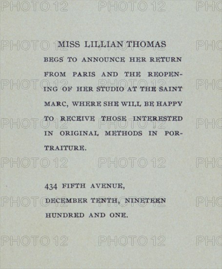 Miss Lillian Thomas begs to announce her return from Paris . . ., c1900. Creator: Unknown.