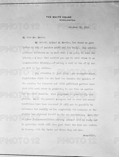 Copy of Letter On White House Stationery, October 20, 1914. Creator: Harris & Ewing.