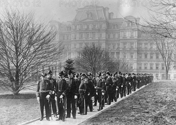 New Year's Reception at White House - Admiral Dewey, Left Front, And Officers Starting For..., 1905. Creator: Harris & Ewing.