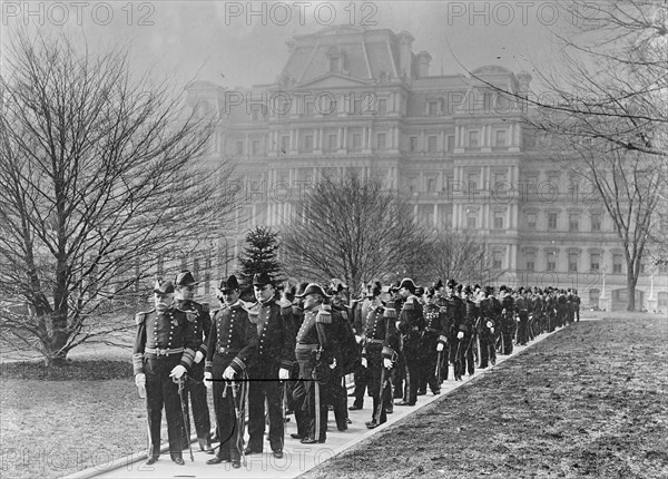 New Year's Reception at White House - Admiral Dewey, Left Front, And Officers Starting For..., 1905. Creator: Harris & Ewing.