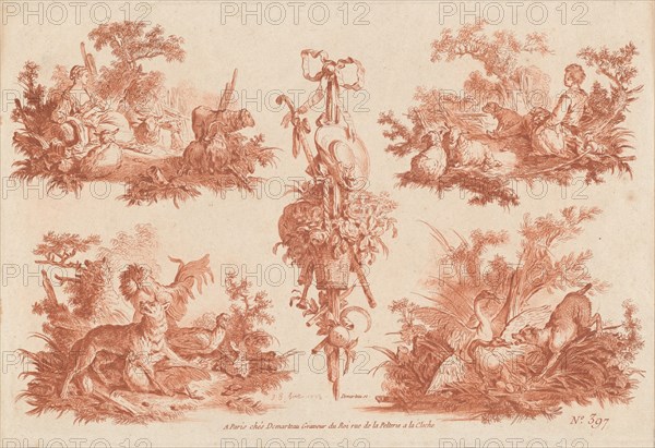 Two Pastoral Vignettes, Two Hunting Vignettes, and a Trophy, 1774.