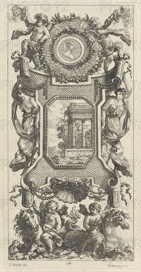 Ornamental Panel Surmounted by a Bust of a Woman and Two Putti with Flaming Trumpets, 1647.