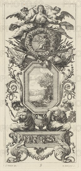 Ornamental Panel Surmounted with Two Figures Leaning on the Bust of a Woman, 1647.