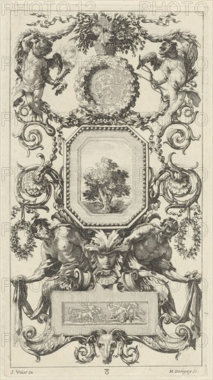 Ornamental Panel Surmounted by a Basket of Flowers with Cupid and Hymen, 1647.