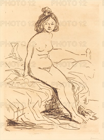 Nude Woman, Seated on Her Bed, Front View, 1909.