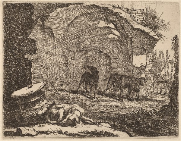 Four Dogs, One Sleeping beside a Capital, 1642.