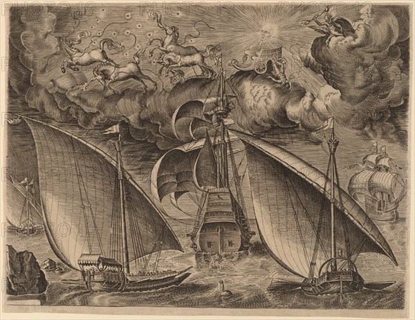 Two Galleys behind an Armed Three-Master with Phaethon and Jupiter in the Sky, 1565.