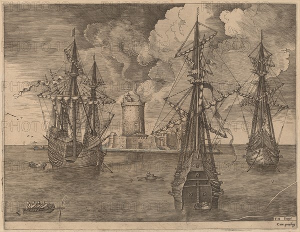 Four-Master (Left) and Two Three-Masters Anchored Near a Fortified Island with a Lighthouse, 1565.