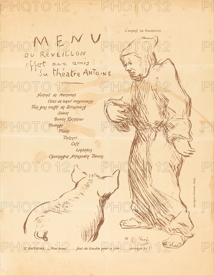 Menu du réveillon offert aux amis du Théâtre Antoine, late 1890s.