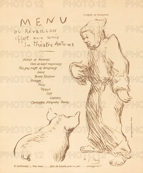 Menu du réveillon offert aux amis du Théâtre Antoine, late 1890s.