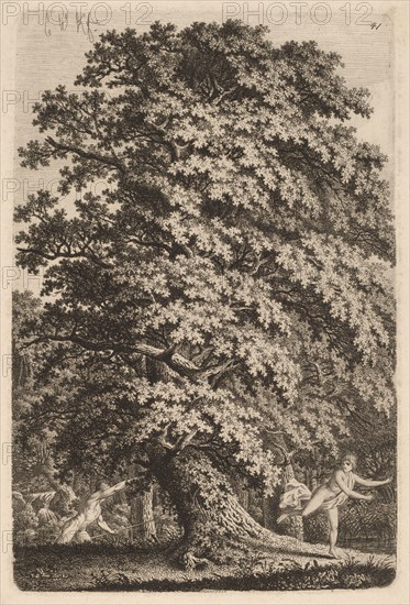 A Large Oak Tree in Gehölz. A Young Man with a Spear Follows a Young Girl., c.1800.