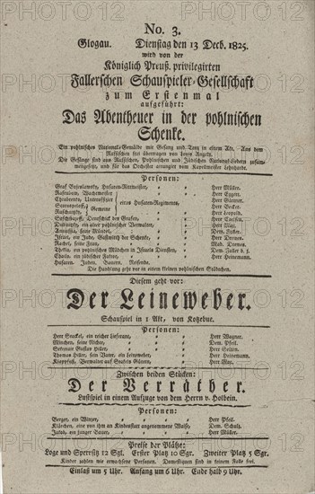 Theater playbill for "Das Abentheuer in der pohlnischen Schenke," "Der Leineweber"..., c1825. Creators: Petrn N Semenov, Louis Angely.