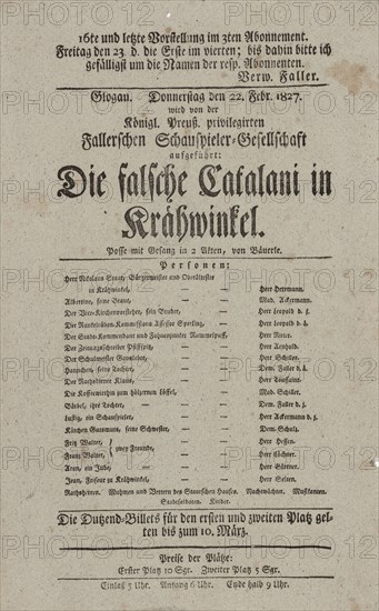 Theater playbill for "Die falsche Catalani in Krähwinkel," presented by the Königlich..., c1827. Creator: Adolf Bauerle.