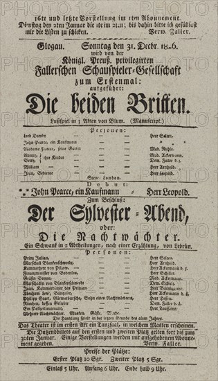 Theater playbill for "Die beiden Britten" and "Der Sylvester-Abend, oder Die Nachtwächter..., 1826. Creators: Carl Blum, Merville.