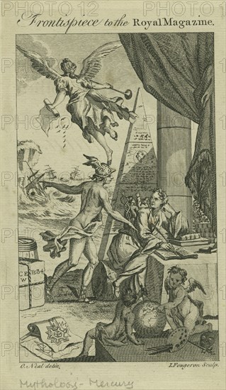 Eighteenth-century allegorical depiction of the purpose and content of the "Royal Magazine", c1760.