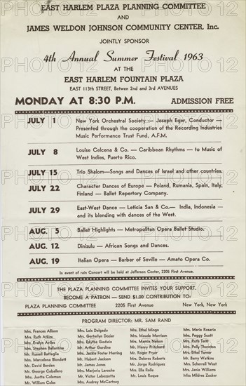 Poster for the 4th Annual Summer Festival at the East Harlem Fountain Plaza, c1963.