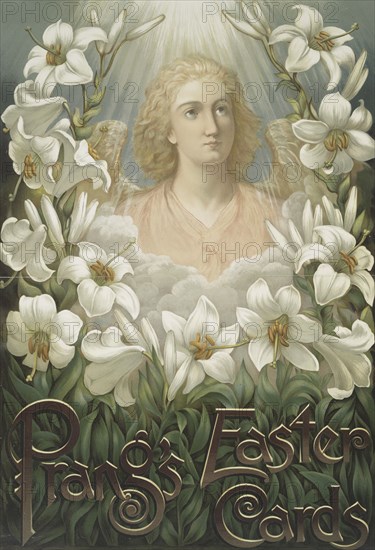 Poster with the following text, "Prang's Easter Cards", depicting an angel and lilies., c1865 - 1899 Creator: Louis Prang.