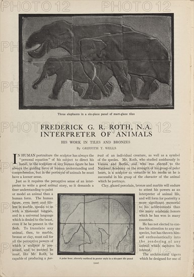 Three elephants in a  six-piece panel of matt-glaze tiles..., c1912-04. Creator: Frederick Roth.