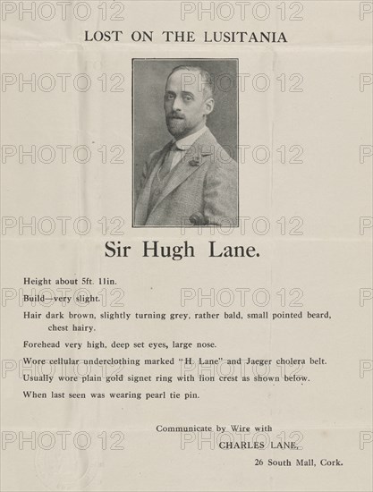 Sir Hugh Lane: Lost on the Lusitania: Broadside advertising search for Hugh Lane’s body...,c1915. Creator: Unknown.