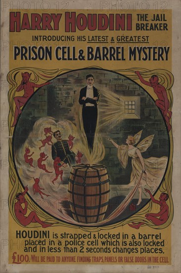 Harry Houdini, the jail breaker: prison cell and barrel mystery, c1906-05. Creator: Unknown.