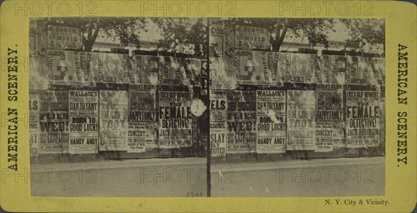 N.Y. City and vicinity. [Posters advertising theaters, businesses on unidentified wall],  1866?. Creator: Unknown.