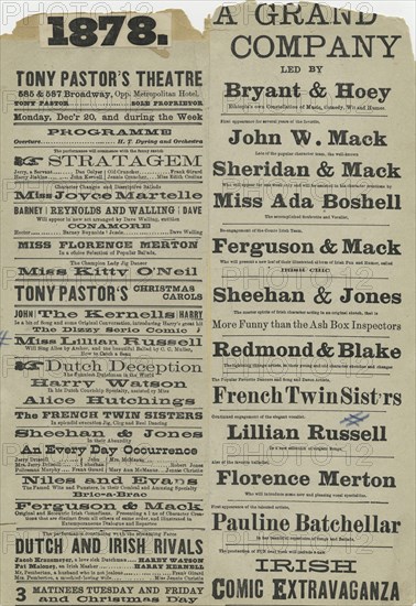 Two playbills advertising Tony Pastor's Vaudeville acts, ca. 1878.,  1875 - 1880.
