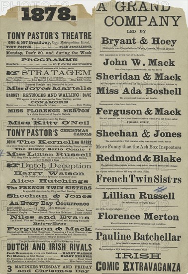 Two playbills advertising Tony Pastor's Vaudeville acts, ca. 1878., 1875 - 1880.