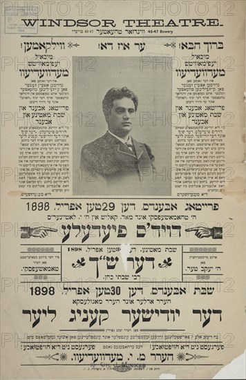 Dovid's fiedele, c1898. Creators: Windsor Theatre, Yosef Latayner, Yaakov Ter, Boris Thomashefsky, Jacob Gordin.