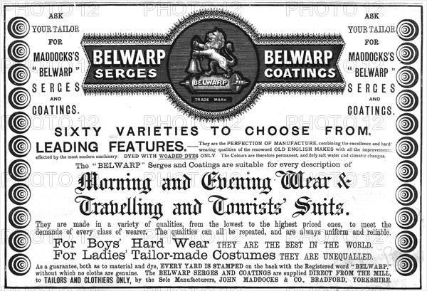 '' Maddocks "Belwarp" Serges and Coatings', 1890. Creator: Unknown.