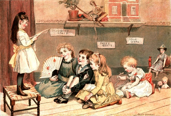 ''Playtime in the Nursery; "A Concert" ', 1890. Creator: Alice Mary Morgan.