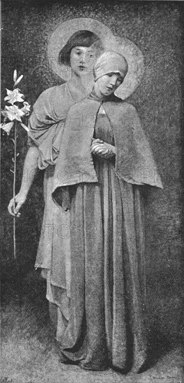 ''Pictures of the Year - V. "Hail, Mary !" after Mrs Marianne Stokes', 1891. Creator: Unknown.