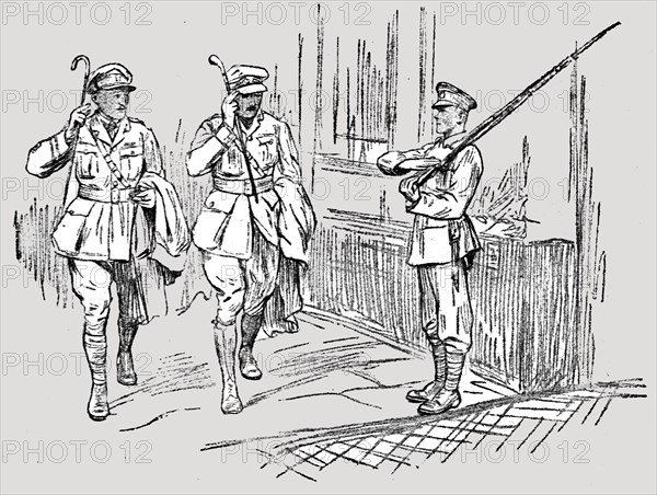 'L'Armee Britannique dans le Nord de la France; Sentinelle saluant un capitaine et un...,1916. Creator: Unknown.