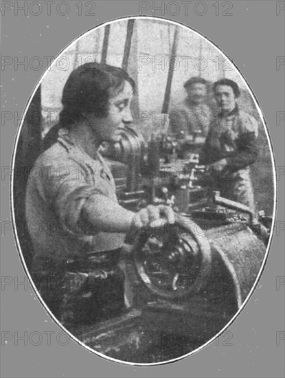 'Les femmes dans les usines de guerre; Une jeune Parisienne travaillant a l'evidement..., 1916. Creator: Unknown.