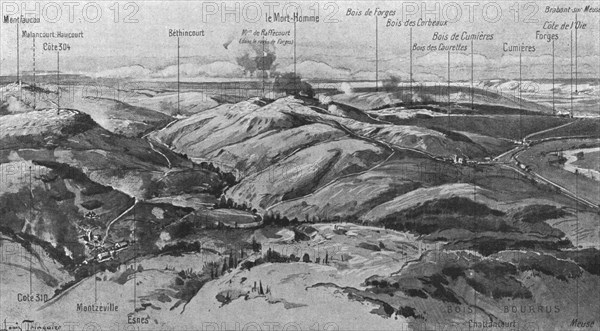 'Le Mort-Homme ( 9 avril 1916); et le panarama qui s'etend de Montfaucon a la rive gauche..., 1916. Creator: Unknown.