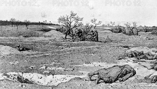 'Notre Artillerie a Verdun; Batterie de 75 en action : a gauche, le soldat qui commande..., 1916. Creator: Georges Leroux.